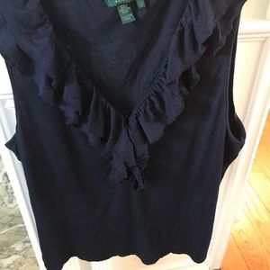 Ralph Lauren V neck ruffle front shirt in Navy. Good condition.